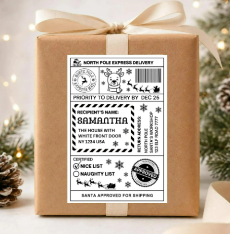 Personalised Christmas Postage Labels, Pack of 10 4x6 Thermal Santa Elf Reindeer Gift Stickers