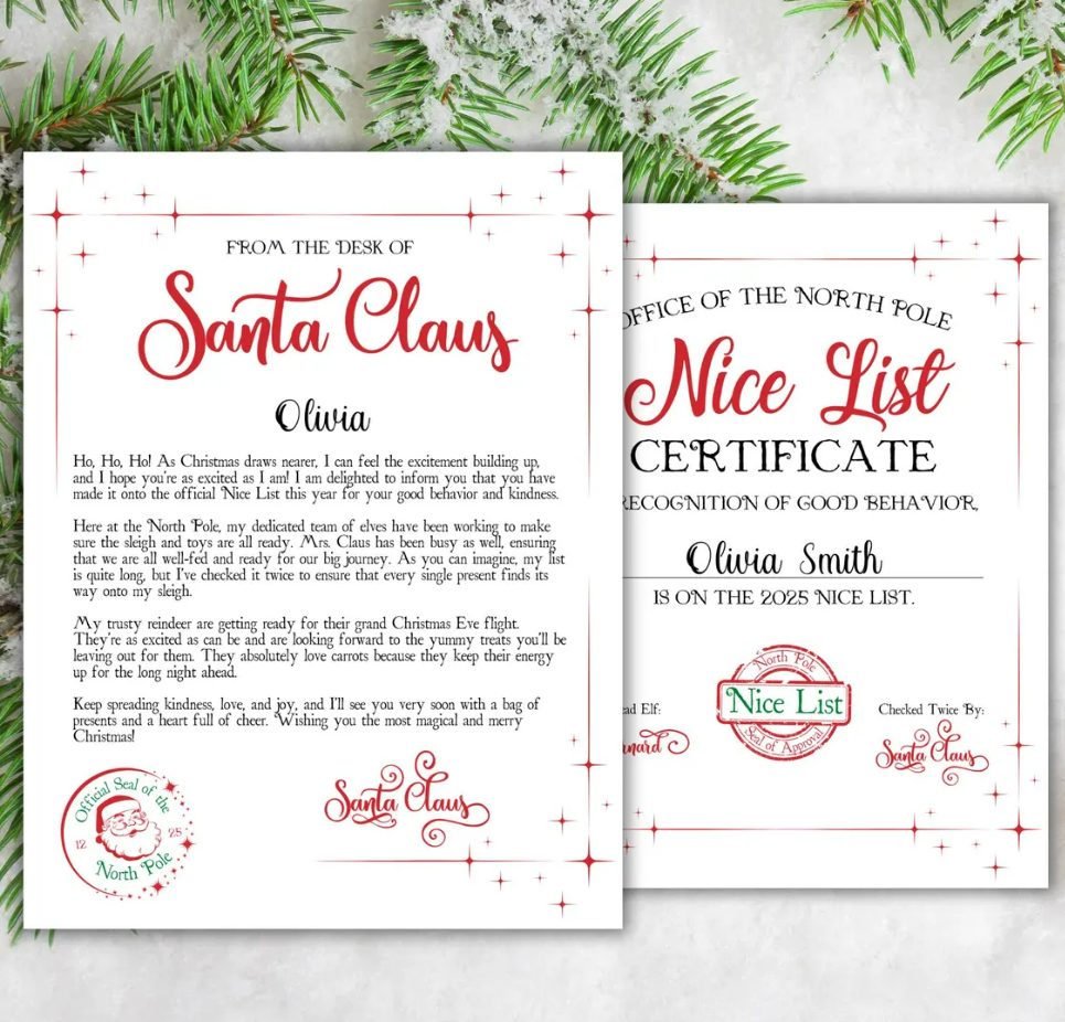 Personalised Christmas santa letter & nice list certificate ( not a download )