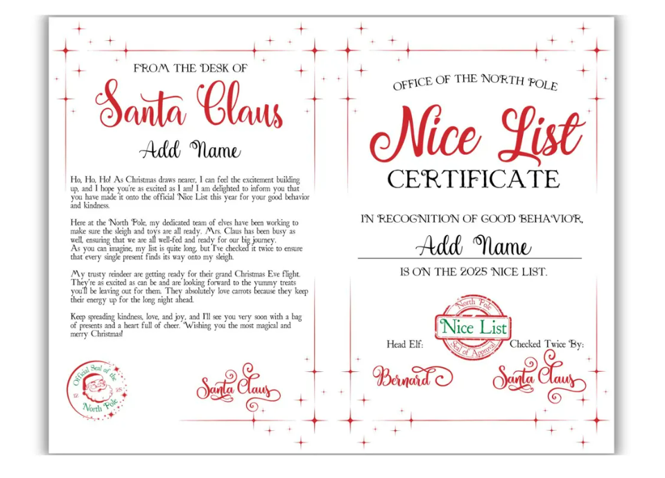 Personalised Christmas santa letter & nice list certificate ( not a download )