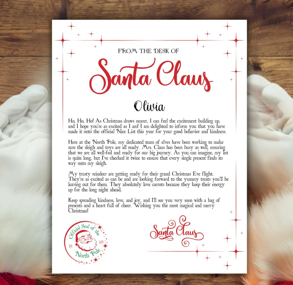 Personalised Christmas santa letter & nice list certificate ( not a download )