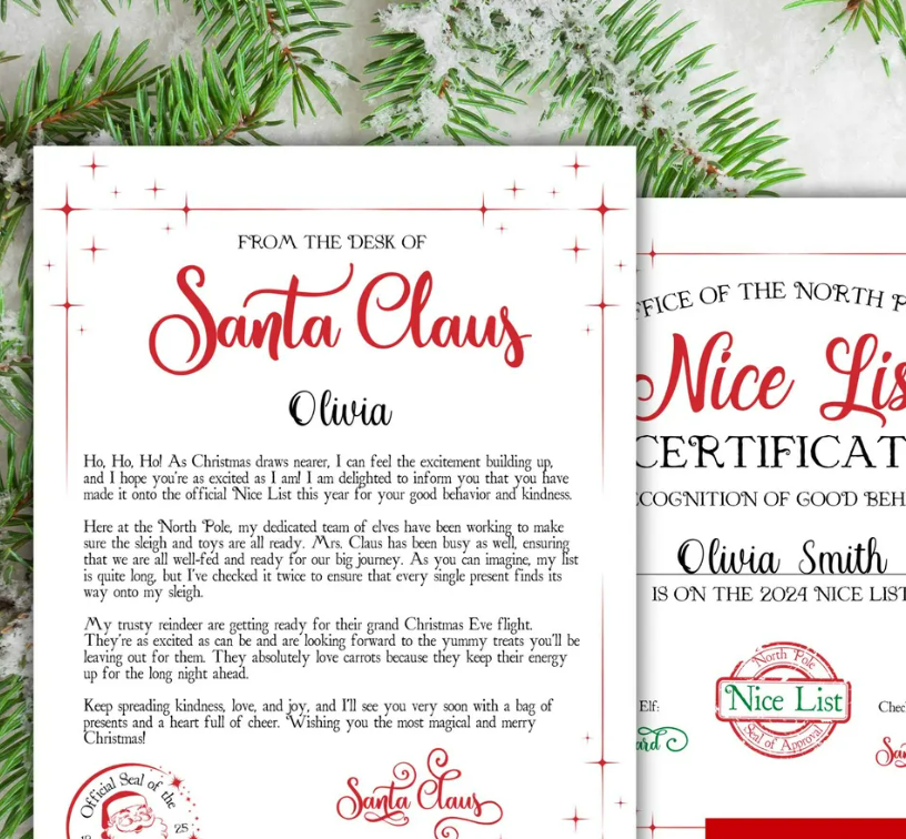 Personalised Christmas santa letter & nice list certificate ( not a download )