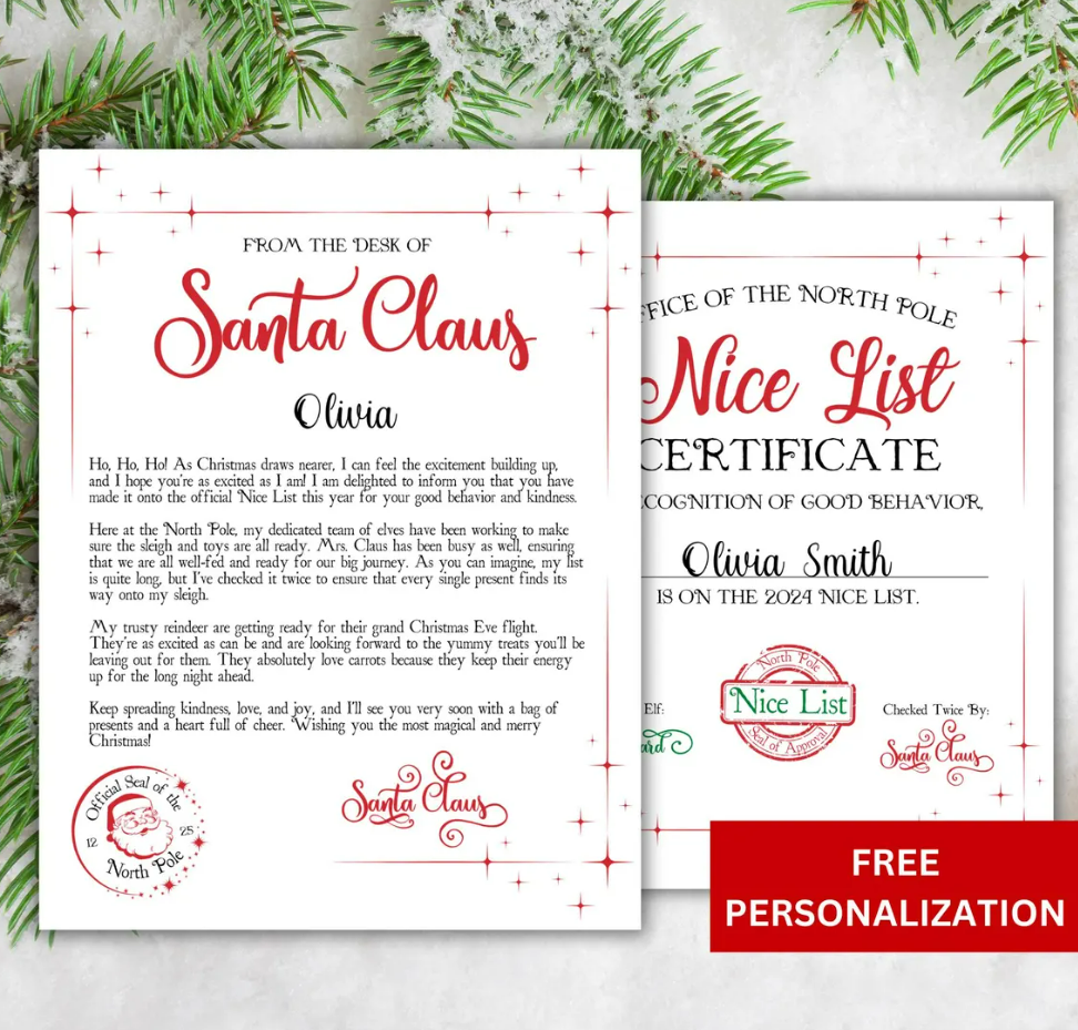 Personalised Christmas santa letter & nice list certificate ( not a download )