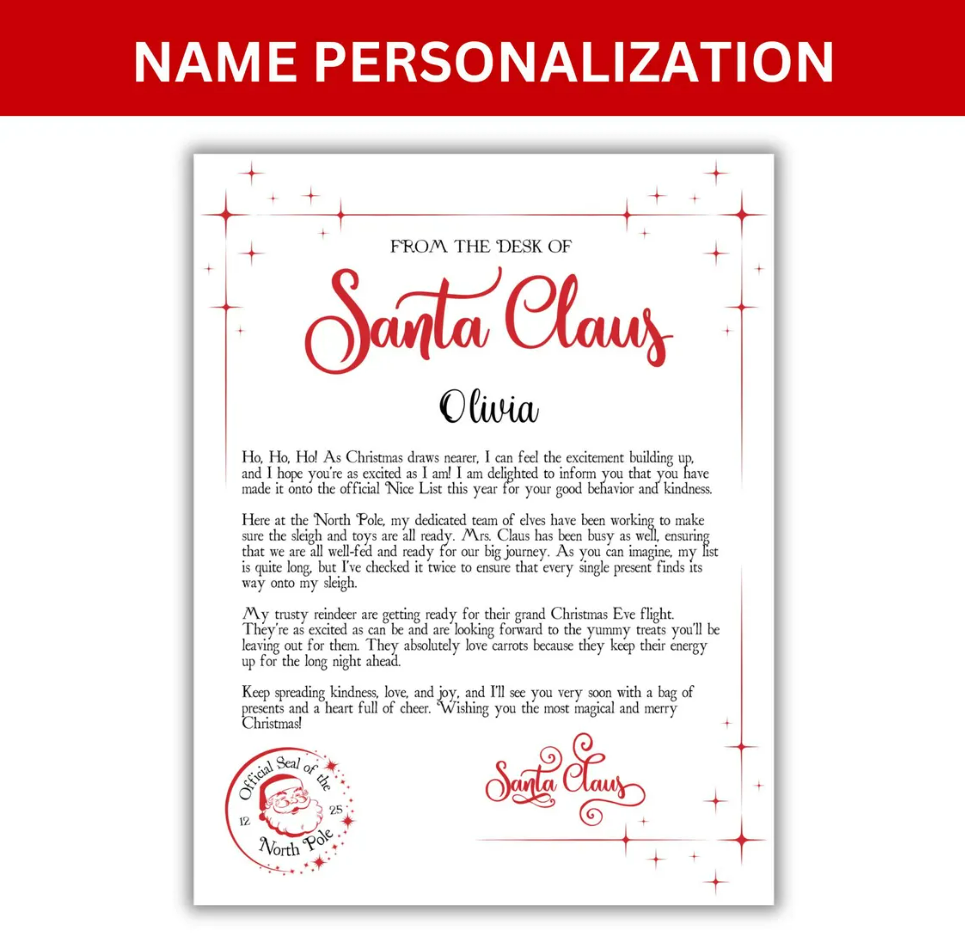 Personalised Christmas santa letter & nice list certificate ( not a download )