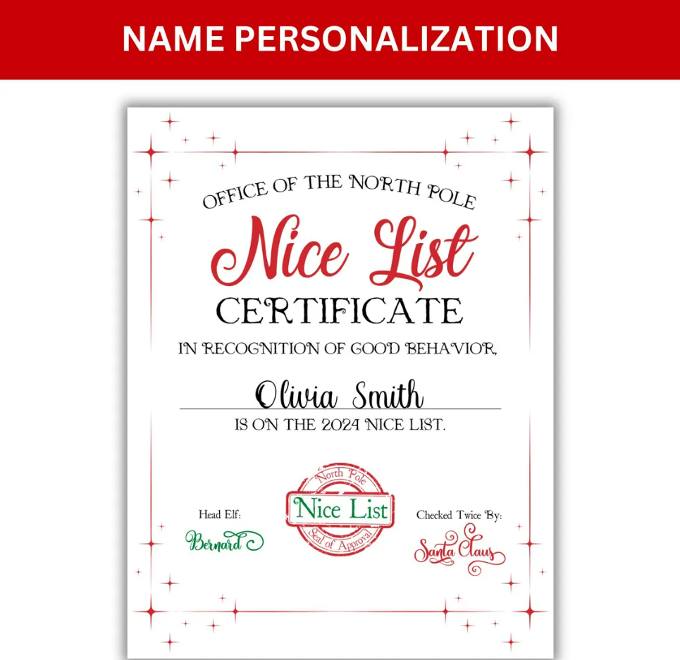 Personalised Christmas santa letter & nice list certificate ( not a download )