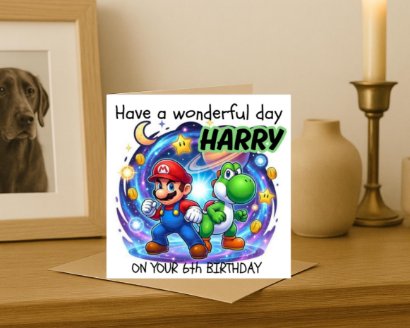 Personalized mario & yoshi name Birthday Card