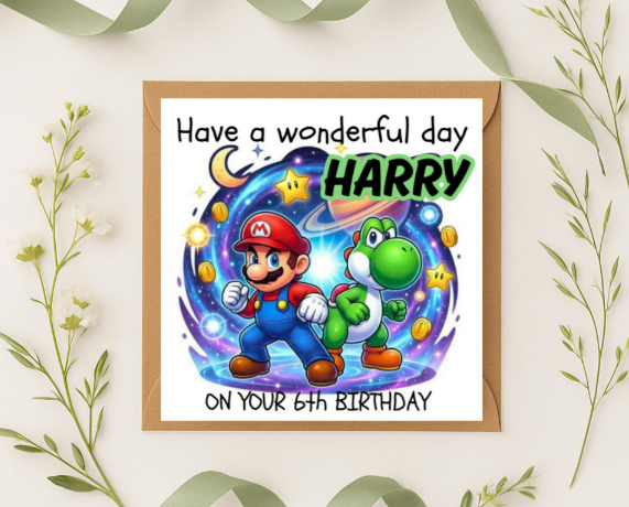 Personalized mario & yoshi name Birthday Card