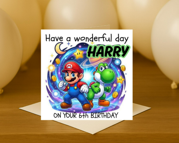 Personalized mario & yoshi name Birthday Card