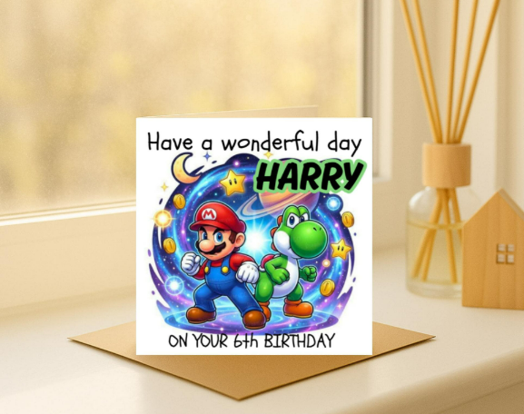 Personalized mario & yoshi name Birthday Card