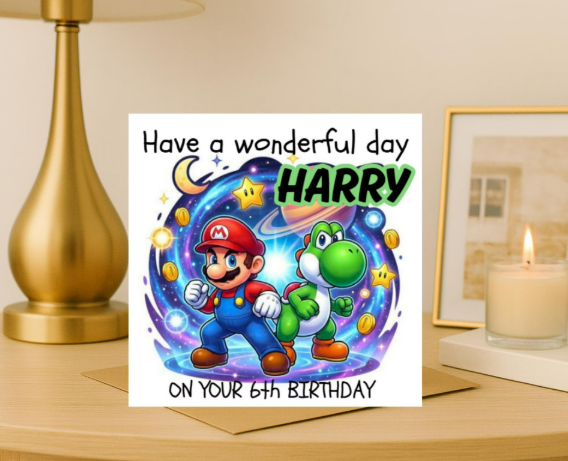 Personalized mario & yoshi name Birthday Card