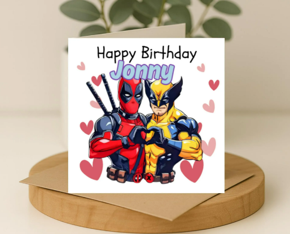 Personalized deadpool & wolverine name Birthday Card
