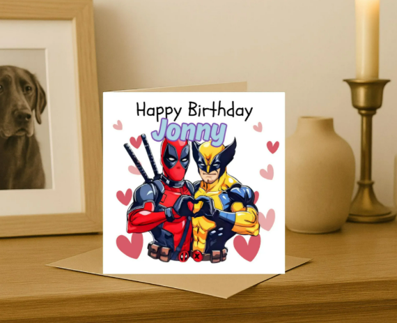 Personalized deadpool & wolverine name Birthday Card