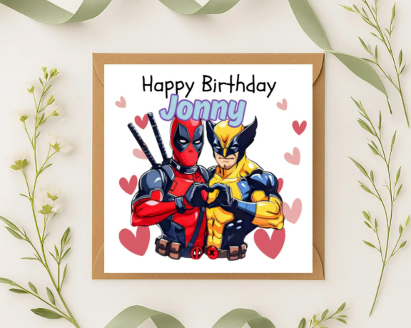 Personalized deadpool & wolverine name Birthday Card