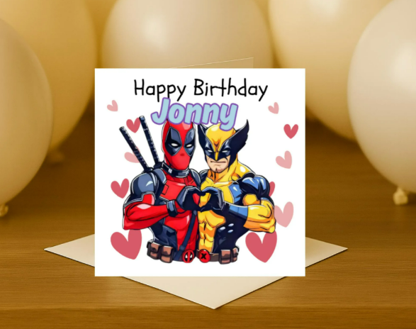 Personalized deadpool & wolverine name Birthday Card